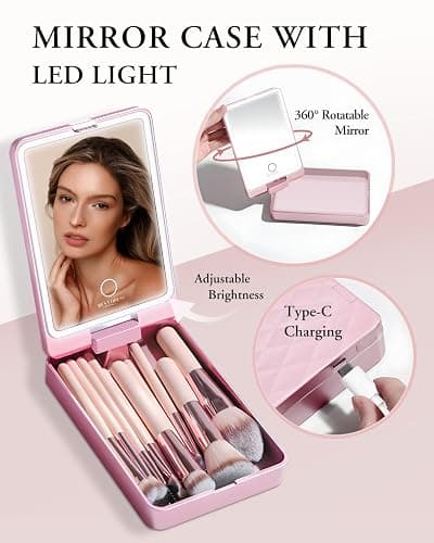 Makeup Brushes with Case, 20PCs Travel Makeup Brush Set, Foundation Concealer Blush Eyeshadow Brush Set Contour Powder Eyebrow Eyelash Brush Kit with Led Light Mirror Holder & 2 Powder Puff-Pink thumbnail 4