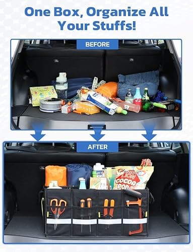 Oasser 55L Car Trunk Organizer, 3 Compartments Collapsible Waterproof Car Organizer Storage with Foldable Cover, Reflective Strip, Non-Slip Bottom, 4 Mesh Pockets for SUV/Truck/Sedan/Camping/Road Trip thumbnail 6