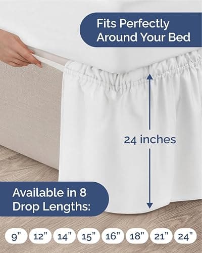 Wrap Around Dust Ruffle Bed Skirt, Full Size Beds - 24 Inch Drop, White | Easy Fit Elastic Strap, Adjustable Pleated Bedskirt w/Brushed Fabric, Wrinkle & Fade Free, for Women, Men, Kids & Teens thumbnail 2