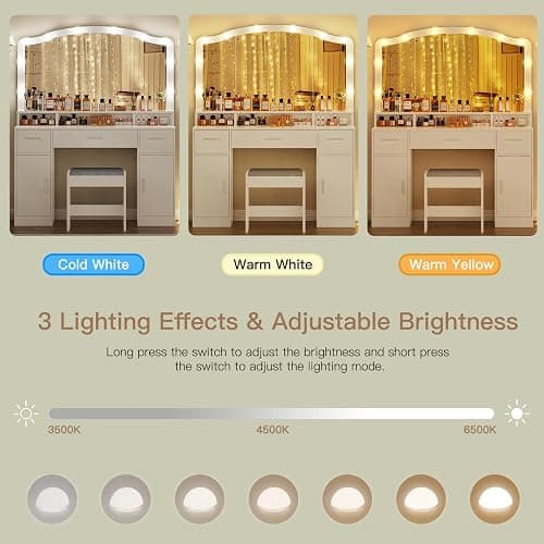 usikey Large Vanity with Mirror and Light, Dressing Table Set with 3 Drawers, 2 Cabinets and 10 LED Bulbs Dresser with Stool for Women,Bedroom,Bathroom, White thumbnail 7