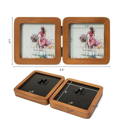 Wontree 4x4 Square Double Vertical Horizontal Hinged Foldable Combo Rounded Corner Picture Frame, Walnut-Colored Pine Wood with Real Glass, Free-Standing Desk Tabletop or Wall Hanging thumbnail 3