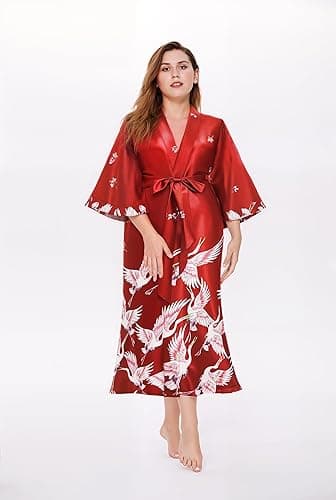 PRODESIGN Long Kimono Robe Satin Sleepwear Blouse Bathrobe Nightgown Silky Crane Kimono Cardigan Robe thumbnail 6