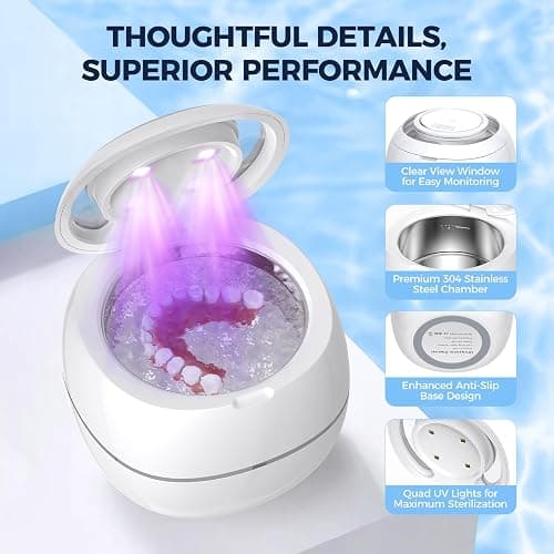 Ultrasonic Retainer Cleaner, 42kHz Ultrasonic Tooth Cleaner with Visible Window and Two Modes, 180ML Ultrasonic UV Cleaner Machine for Retainer, Dentures, Mouth Guard, Aligner thumbnail 5