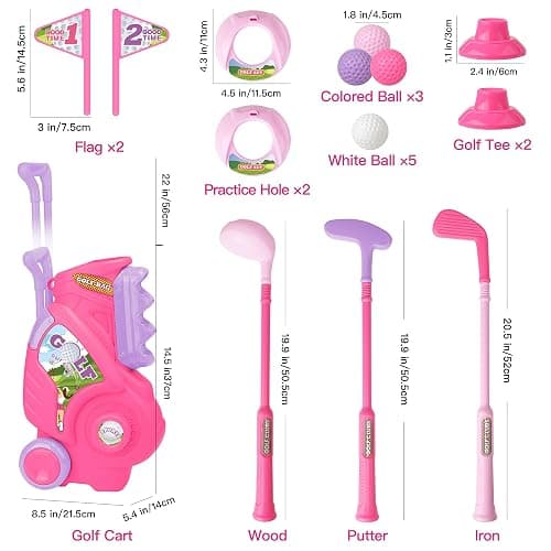 Jovizo Toddler Golf Set for Girls Boys 2 3 4 Years Old, Upgraded Kids Golf Cart with 3 Clubs & 8 Balls, Outdoor Indoor Sports Toys Birthday Gift, Pink - golf set thumbnail 2