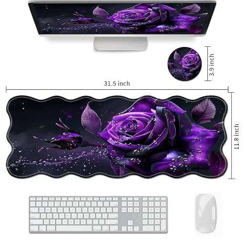 Desk Mouse Pad，Desk Mat for Keyboard and Mouse with Coasters,Durable Office Desk Mat 31.5"x 11.8", Large Gaming Keyboard Mouse Pad Non-Slip Rubber Pad-Purple Rose thumbnail 2