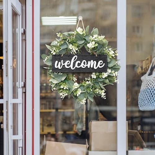 Dremisland 16 Inch Eucalyptus Leaves Wreath,Artificial Green Leaves Wreath with Welcome Sign Board for Front Door Window Farmhouse Garden Festival Celebration Home Decoration (Black) thumbnail 4