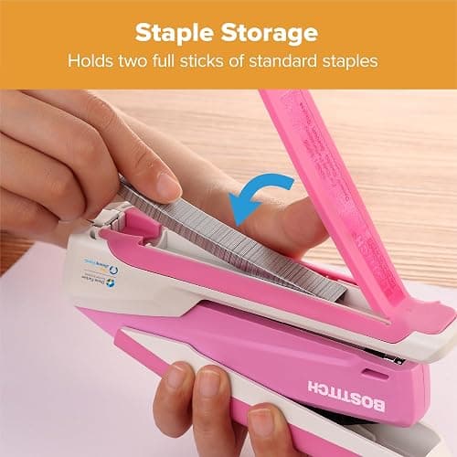 Bostitch Office InPower Spring-Powered Desktop Stapler, 20 Sheet Capacity, One Finger Stapling, Includes 210 Staples, Jam Free, Opens for Tacking, Breast Cancer Awareness Pink thumbnail 6