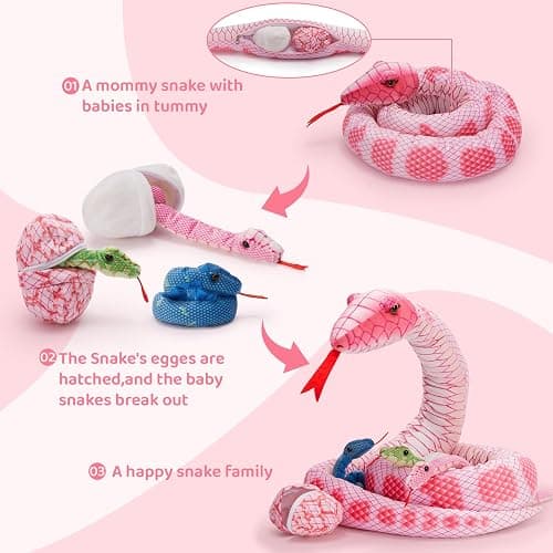 Tezituor Giant Stuffed Snake Plush Realistic Snake with 3 Babies&2 Eggs, 80 Inches Pink Snake Toy Birthday Valentines Gifts for Girls Kids thumbnail 4