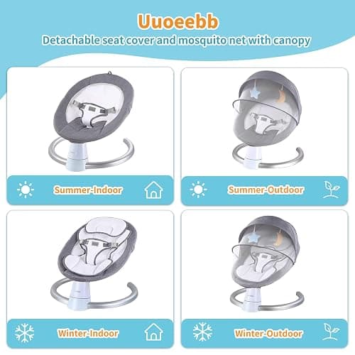Uuoeebb Electric Baby Bouncer with Bluetooth, Baby Bouncer Chair with 5 Swing Speed, 3-Stage Timer and Remote Control, Portable Baby Swing Chair from Birth for 0 Months Plus Newborn Boys Girls (Grey) - Grey thumbnail 4