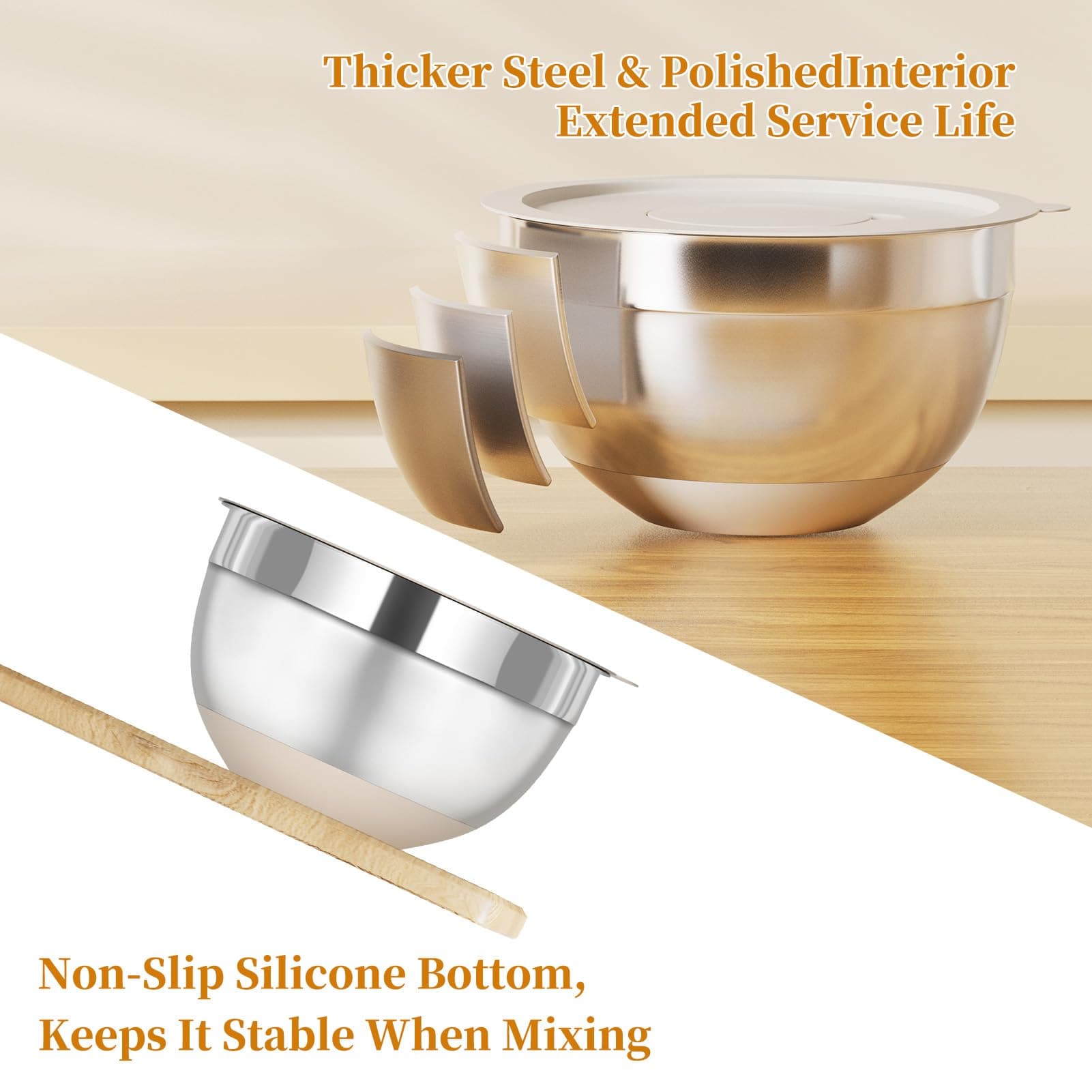 Mixing Bowls with Lids Set, 6 Piece Stainless Steel Nesting Storage Bowls for Kitchen, with 3 Grater Attachments & Non-Slip Bottoms, Size 5.5,3.5,2.5,2.1,1.5,1.1 QT thumbnail 6