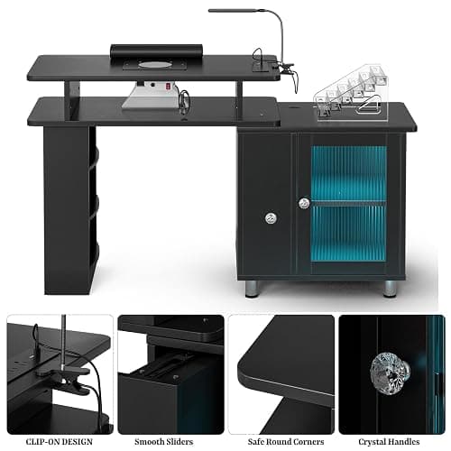 Paddie Manicure Table Nail Desk with LED Lamp & Light, Glass Cabinet Door Nail Table Station w/Dust Collector, Charging Station, Removable Acrylic Container, Cabinet and Drawer(Black-New) thumbnail 6
