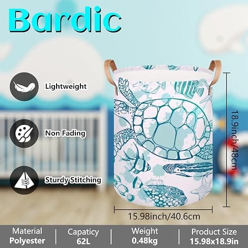 Large Laundry Hamper Basket Ocean Theme Round Freestanding Clothes Basket, Sea Turtle Collapsible Storage Organizer Bin with Leather Handles for Dirty Clothes Toys, Nursery Home Storage 16"W x 20"H thumbnail 2