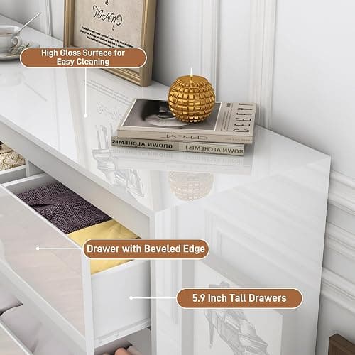 jiteentarou White Malm Dresser for Bedroom, 55 Inch Full High Gloss Dresser with 7 Drawers, Modern Large Wood Chest of Drawer Handle Free, Living Room, Entryway, Hallway, White thumbnail 4