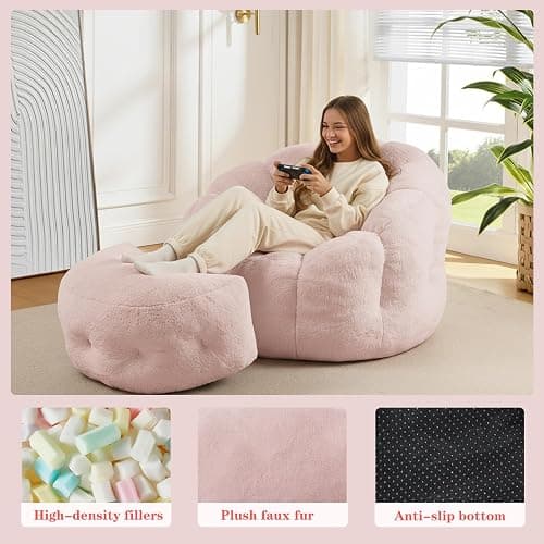 Bean Bag Chair with Ottoman, Pink Flower Bean Bag Chairs for Adults and Teens, Comfy Plush Faux Fur Reading Chair for Living Room, Bedroom, Apartment, Dorm thumbnail 5