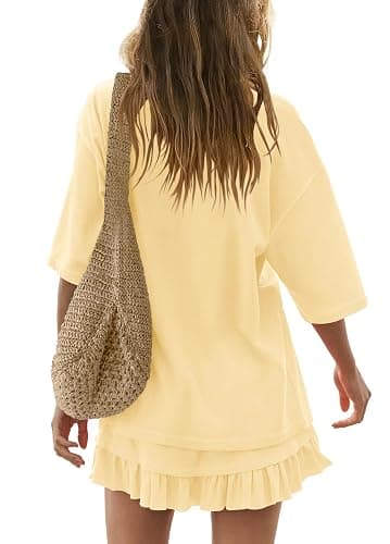 Panadila Women 2 Piece Skirt Sets Short Sleeve Tops Flowy Skirts | Summer Matching Sets, Lounge Set, Beach Vacation Outfits, Mini Skirts, Going Out, Crew Neck, Oversized Tshirts, Pleated Skirt thumbnail 4