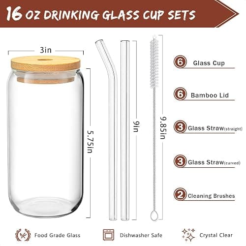 SENTVEND 16 Oz Drinking Glasses with Bamboo Lids and Glass Straw - 8 Pcs Glass Cups Beer Ice Coffee Glasses Cute Aesthetic Cup Great for Coffee Bar Accessories Include 2 Cleaning Brushes thumbnail 3