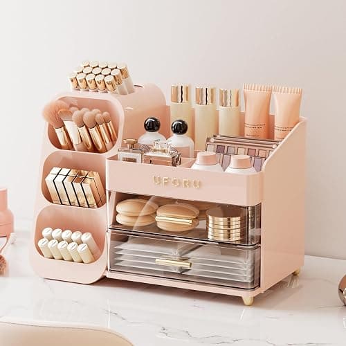 UFORU Makeup Organizer for Vanity with Brush Holder, Countertop Skincare Organizer with 2 Drawers, Spacious Cosmetic Display Case for Perfumes, Eyeshadow Palettes, Nail Polishes thumbnail 2