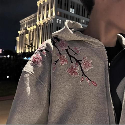 YELLOOP Y2k Cherry Blossom Zip Up Hoodie Women Men Fall Baggy Alt Embroidered Sweatshirt thumbnail 2
