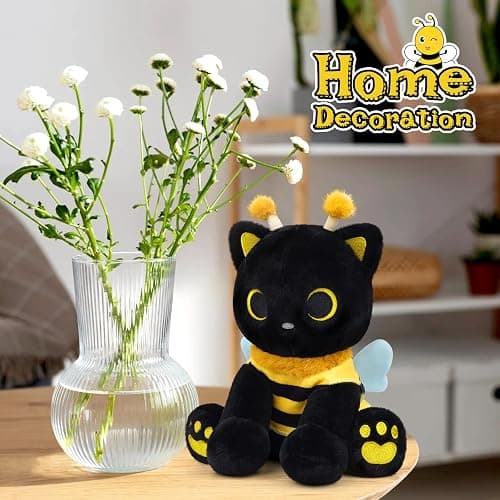 Hagusahuo Cat Plush Toy, 8inch Kawaii Black Cat Plush with Honeybee Outfit Costume, Valentines Day Gift for Her Him, Soft Huggable Plushies Toy for Kids Birthday Gifts thumbnail 2
