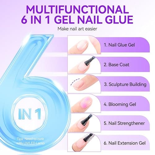 Gelike ec Nagelkleber Für Kunstnägel 6 in 1Clear Extra Stark Nail Glue Für Press On Nail Glue Gel For Nail Tips Nagelkleber Gel Für Fake Nails-Brauchen Ausharten Unter UV Nagellampe 8ML thumbnail 2