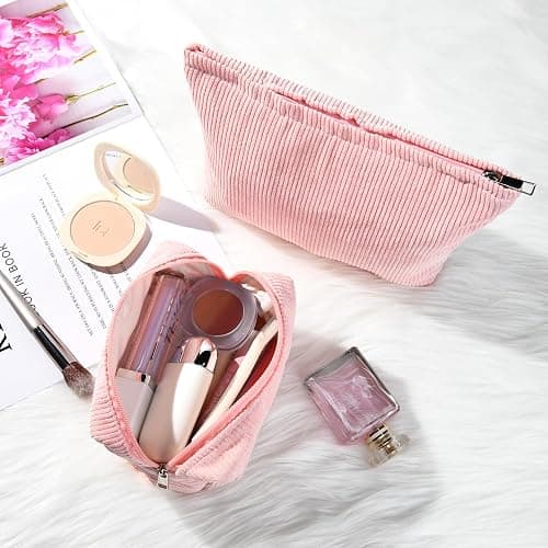 SOIDRAM 2 Pieces Makeup Bag Large Corduroy Cosmetic Bag Capacity Canvas Mix Travel Toiletry Bag Organizer Cute Makeup Brushes Aesthetic Accessories Storage Bag for Women, Corduroy Mix Pink thumbnail 2