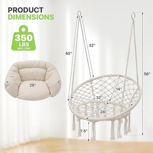 Magshion Hanging Hammock Chair with Cozy Full Cushion, Outdside Macrame Swing Chair with 350 Lbs Capacity, Ideal Accent Furniture for Living Room, Bedroom and Porch Relaxation and Enjoyment (White) thumbnail 3