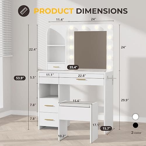 Otterease Vanity Desk with LED Lighted Mirror&Power Outlet, 3 Lighting Colors Makeup Vanity Desk with 5 Large Drawers and 3 Storage Shelves, White Vanity with Storage Stool for Bedroom thumbnail 2