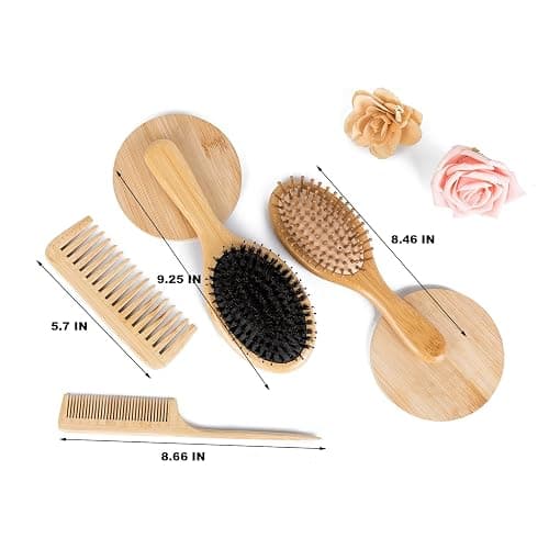 4 PCS Bamboo Hair Brushes Set,Boar Bristle and Detangling Combs,Hair Care Tools with Natural Bristles, Birthday Gift for Family Friend Women Men Mother Hairbrush Kit thumbnail 6