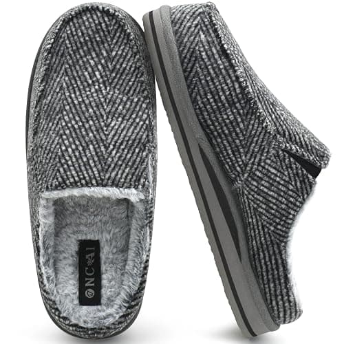 ONCAI Mens Clog Slippers with Arch Support Stripe Faux Fur Cotton-Blend High-Density Memory Foam Warm House Slippers Slip-on Indoor Outdoor Rubber Sole Size 7-16 - Image 1