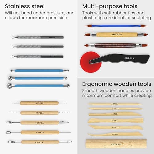 ARTEZA Pottery & Polymer Clay Tools, 22-Piece Sculpting Set with Steel Tips and Wooden Handles, Craft Kit for Pottery Modeling and Carving thumbnail 4