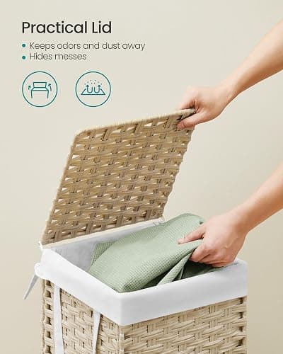SONGMICS Laundry Hamper with Lid, 17.2 Gallon (65L) Synthetic Rattan Clothes Laundry Basket with Lid and Handles, Foldable, Removable Liner, Summer Sand ULCB165LZ01 thumbnail 4