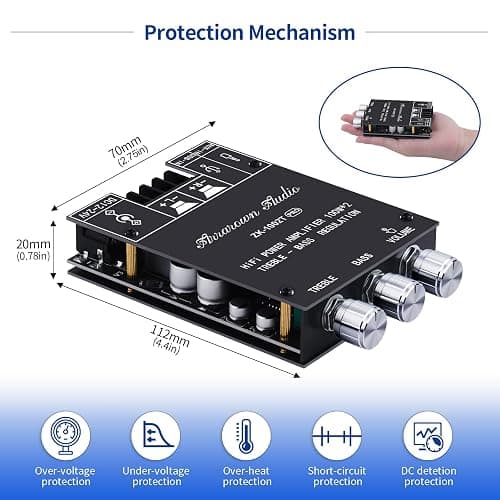 ARRAROWN ZK-1002T PRO 2.0 Channel Bluetooth 5.0 Amplifier Board 200W HiFi Subwoofer Audio AMP with Treble and Bass Control BT and AUX Inputs, DC 12-24V 2.0 Channel Stereo AMP Module for DIY Speakers thumbnail 4