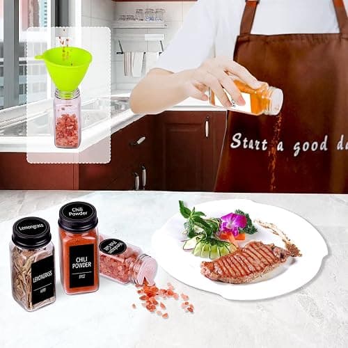 Churboro 25 Spice Jars with 547 Labels- Glass Spice Jars with Black Metal Caps, 4oz Empty Spice Containers with Shaker Lids, Funnel, Chalk Pen, Square Seasoning Bottles for Spice Rack, Drawer, Cabinet thumbnail 6