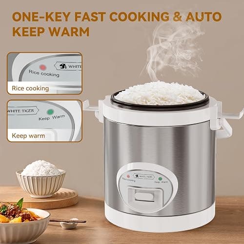 WHITE TIGER 1.5L Mini Rice Cooker for 5 Cups Uncooked (6 Cups Cooked), Smart Rice Cookers with One Touch & Auto Keep Warm, Portable Travel Small Rice Cooker with Lid and Removable Non-stick Pot, Suitable For 1-4 People Cooking Rice, Oatmeal, Veggies thumbnail 4