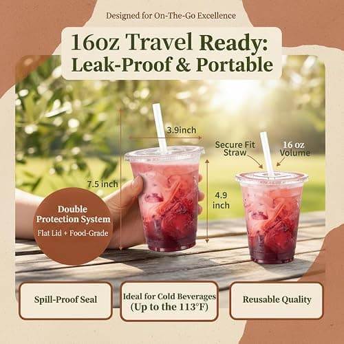 Voatree 110 Pack 16 oz Disposable Clear Plastic Cups with Lids and Straws | To Go,BPA-Free,Heavy Duty,Leak-Resistant,for Iced Coffee,Cold Drink,Smoothie,Matcha,Juice,Dirty Soda,Party,Medium Size,Bulk thumbnail 5