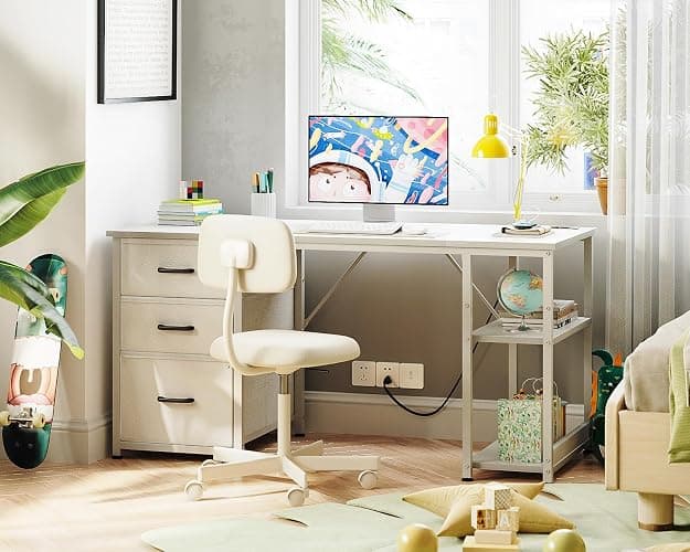 AODK 51 Inch Computer Desk with File Drawers & USB Power Outlets - Reversible Home Office Desk with Storage Shelves, Work from Home, Modern Work/Writing/Study Table for Bedroom, White thumbnail 7
