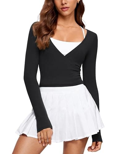 INGIA Womens V-Neck Long Sleeve Cross Wrap Top Slim Fit Soft Knit Layering Shirt Casual Yoga Gym Bandage Tie Tops - Image 1