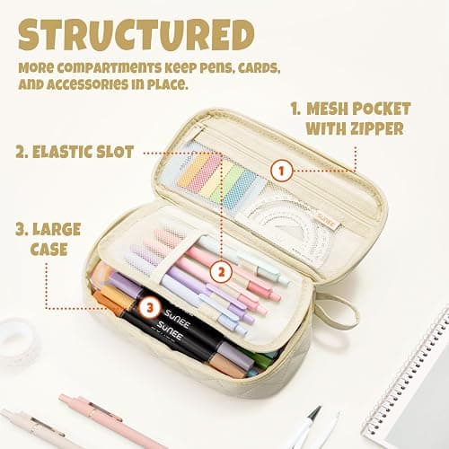 SUNEE Cute Pencil Case, Large Capacity Pencil Pouch Aesthetic Zipper Pencil Bag, Big Storage Pen Organizer for Stationery, Soft Quilted Pencil Box Back to School Supplies for Teen Girls Boys, Cream thumbnail 5