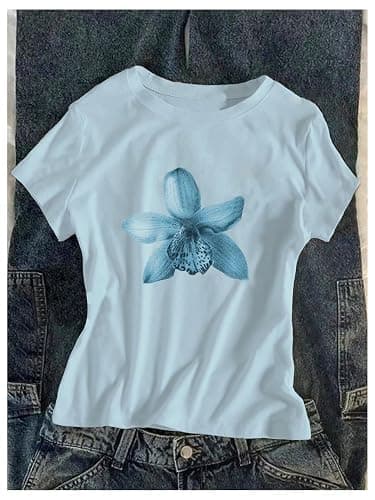 RoseSeek Floral Graphic Crop Tops for Girls Short Sleeve Slim fit Preppy Summer T Shirt Y2k Tops Trendy thumbnail 3