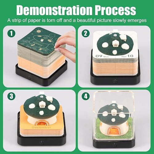 3D Calendar 2026 Tear Pad, Time Piece Calendar 2026, Tear-Away 3D Memo Artsy Pad, Creative Green Mushroom House Desk Calendar w LED Lights, Cute Paper Carving Art Notepad for Thanksgiving Christmas Desktop Decor Gift thumbnail 3