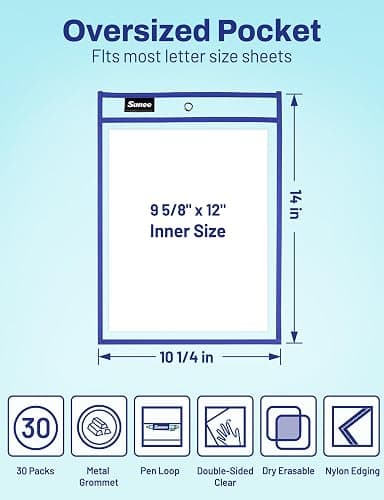 SUNEE 30 Packs Oversized Reusable Dry Erase Pocket Sleeves with 2 Rings, 10 Assorted Colors 10x14 Ticket Holders, Clear Plastic Sheet Protectors, Teacher School Classroom Supplies thumbnail 2