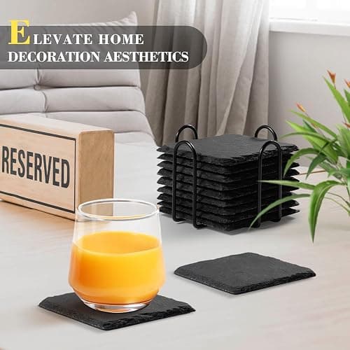 Slate Drink Coasters with Metal Holder, GOH DODD Set of 8 Black Coasters, 4 Inch Stone Coaster Set Tabletop Protection for Home Outdoor Kitchen Apartment Decor Housewarming Gifts Wedding Party, Square thumbnail 5