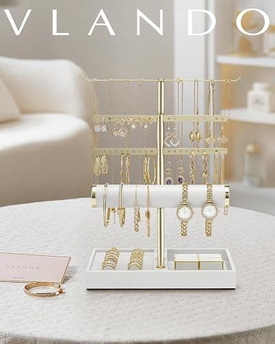 Vlando 3 Tier Jewelry Stand Organizer with Tary, Leather Jewelry Holder Display for Women, Gold Jewlery Holder Display for Necklace, Earring, Bracelet, Rings - White thumbnail 6