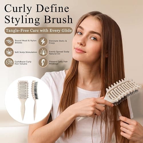 Curl Defining Brush for Curly Hair, Vented Detangling Hair Brush for Wet and Dry Styling, Curved Brush for Shaping and Smoothing Curl Clumps, Lightweight Hair Brush （Beige） thumbnail 3