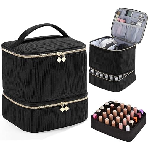 Corduroy Nail Polish Organizer and Nail Lamp Case, Nail Kit Organizer Holds 30 Bottles (15ml - 0.5 fl.oz) and a Nail Lamp, Nail Polish Carrying Case with Manicure Tools Storage Sections (Black) - Image 1