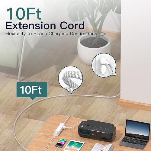 Surge Protector Power Strip - 10 FT Extension Cord, Power Strip with 12 Widely AC Outlet 4 USB, Flat Plug Wall Mount Overload Protection, 1050J, Desk Charging Station for Home Office, ETL Listed,White thumbnail 3