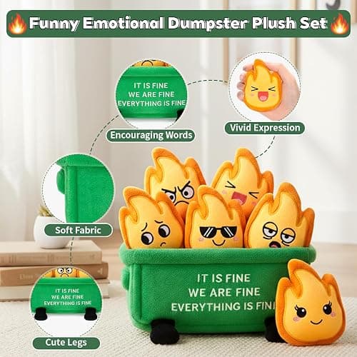 Dalycro Emotional Dumpster Plush – Funny Dumpster Desk Accessories with 6 Fire Plushies, Cute Stuffed Doll Gift for Women Coworkers Office Decor (Green) thumbnail 3