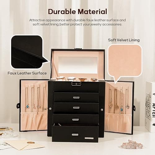 Homde Synthetic Leather Huge Jewelry Box Mirrored Watch Organizer Necklace Ring Earring Storage Lockable Gift Case (Black) thumbnail 7