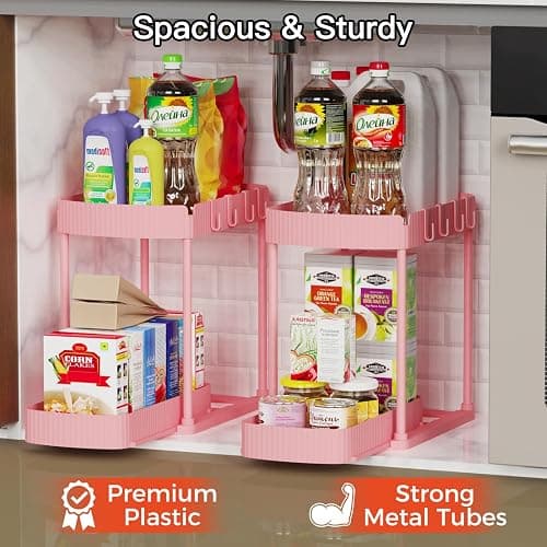 2 Packs Under Sink Pull-Out Storage Organizers, 12.8 Inches, Pink | Multi-Purpose Cabinet Organizers and Storage for Bathroom & Kitchen thumbnail 3
