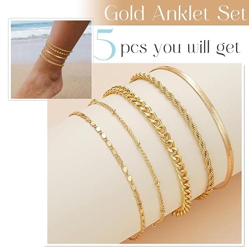 iF YOU Gold Ankle Bracelets for Women, 14k Gold Plated Waterproof Cuban Link Chain Anklets Set, Layered Anklet Bracelets for Women Beach Gift Adjustable Size 5pc thumbnail 5